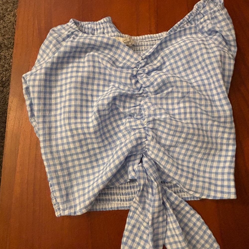 Blue Gingham Ruched Crop Top